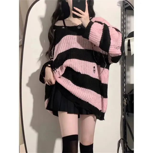 Deeptown Y2K Pink Striped Vintage Knitted Sweater